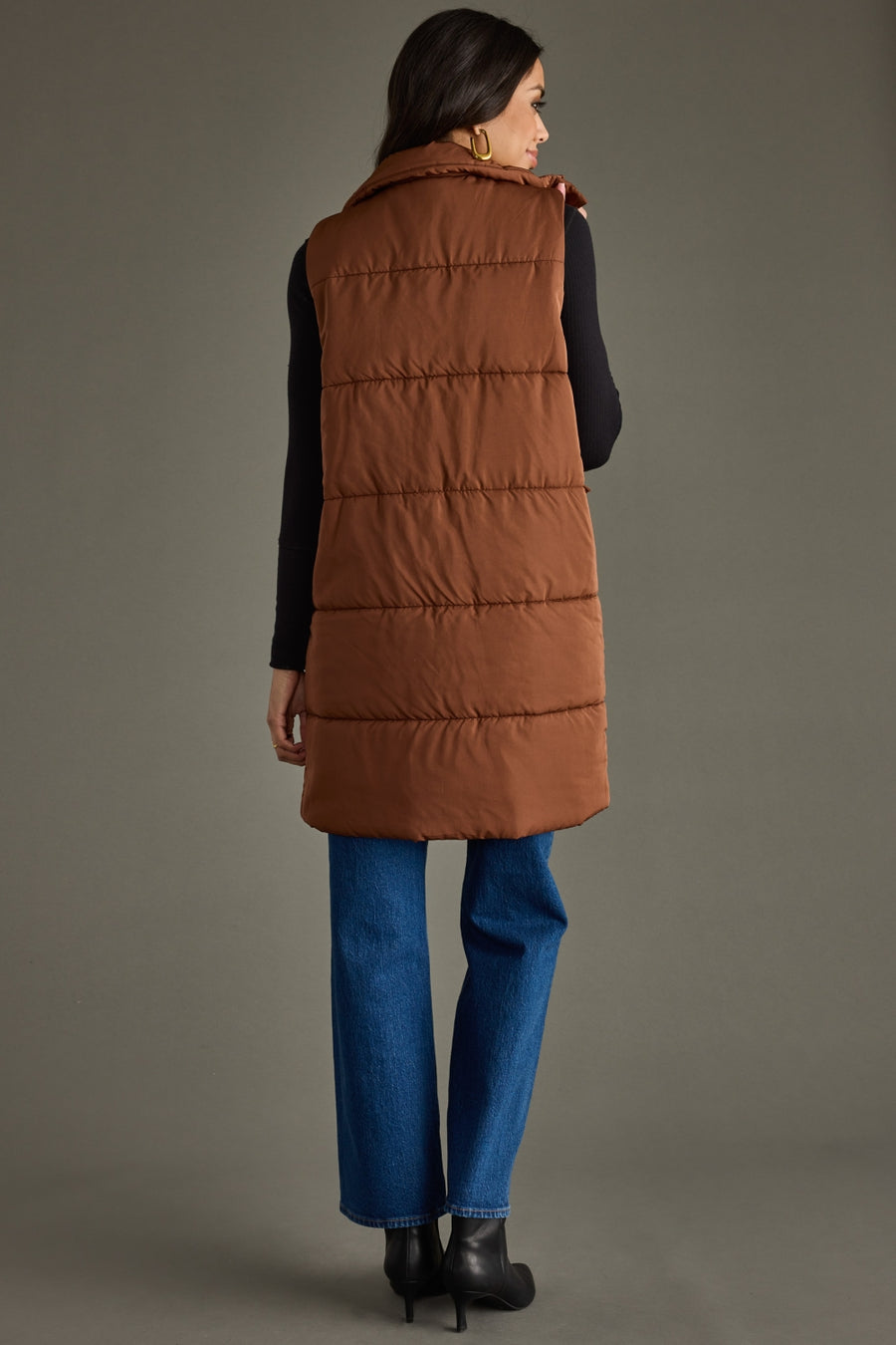 brown long puffer vest, long vest, neutral vest, women's vest, fall vest