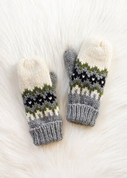 Pair of knit mittens with a pattern on a white background