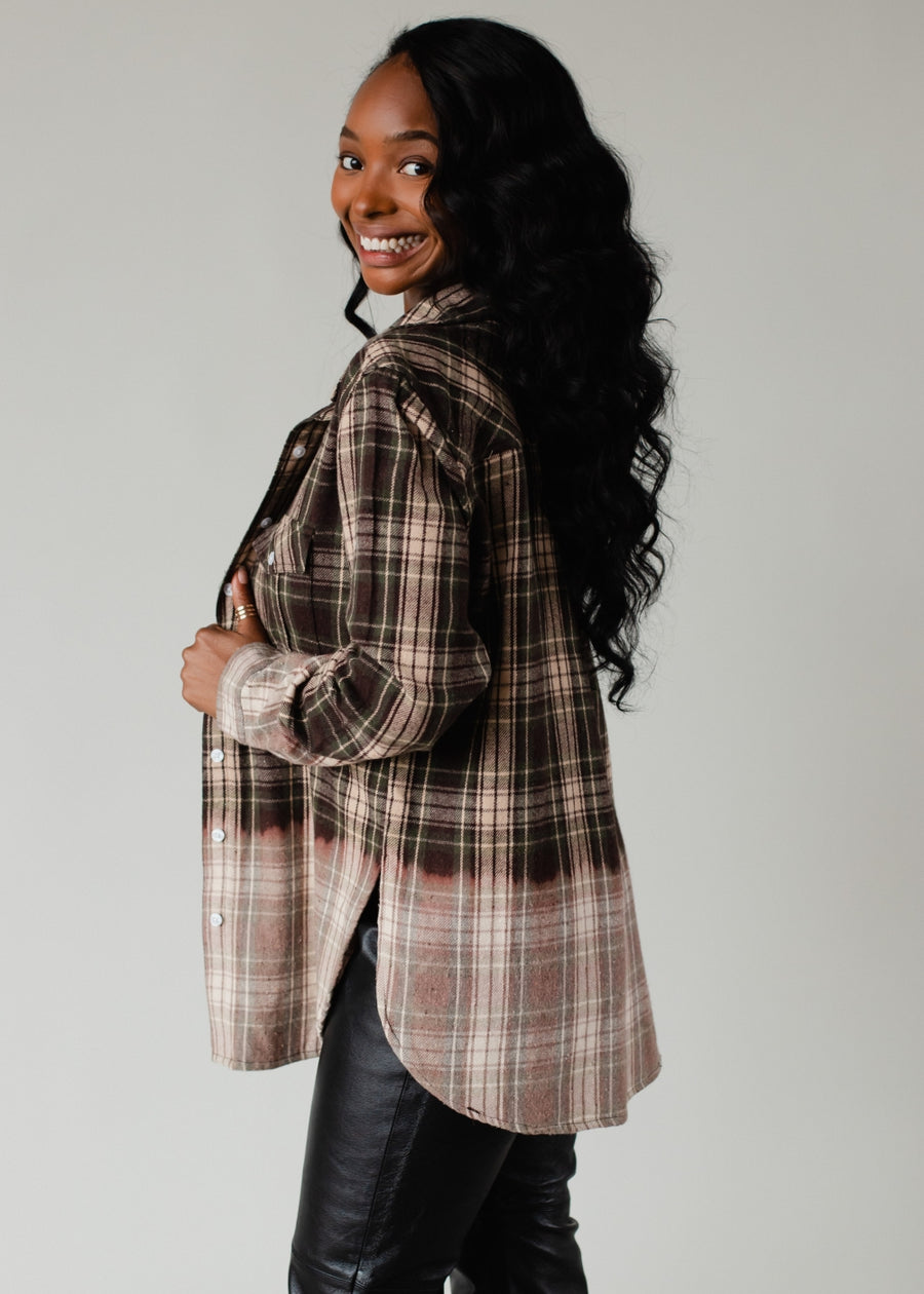 green, tan and black plaid flannel