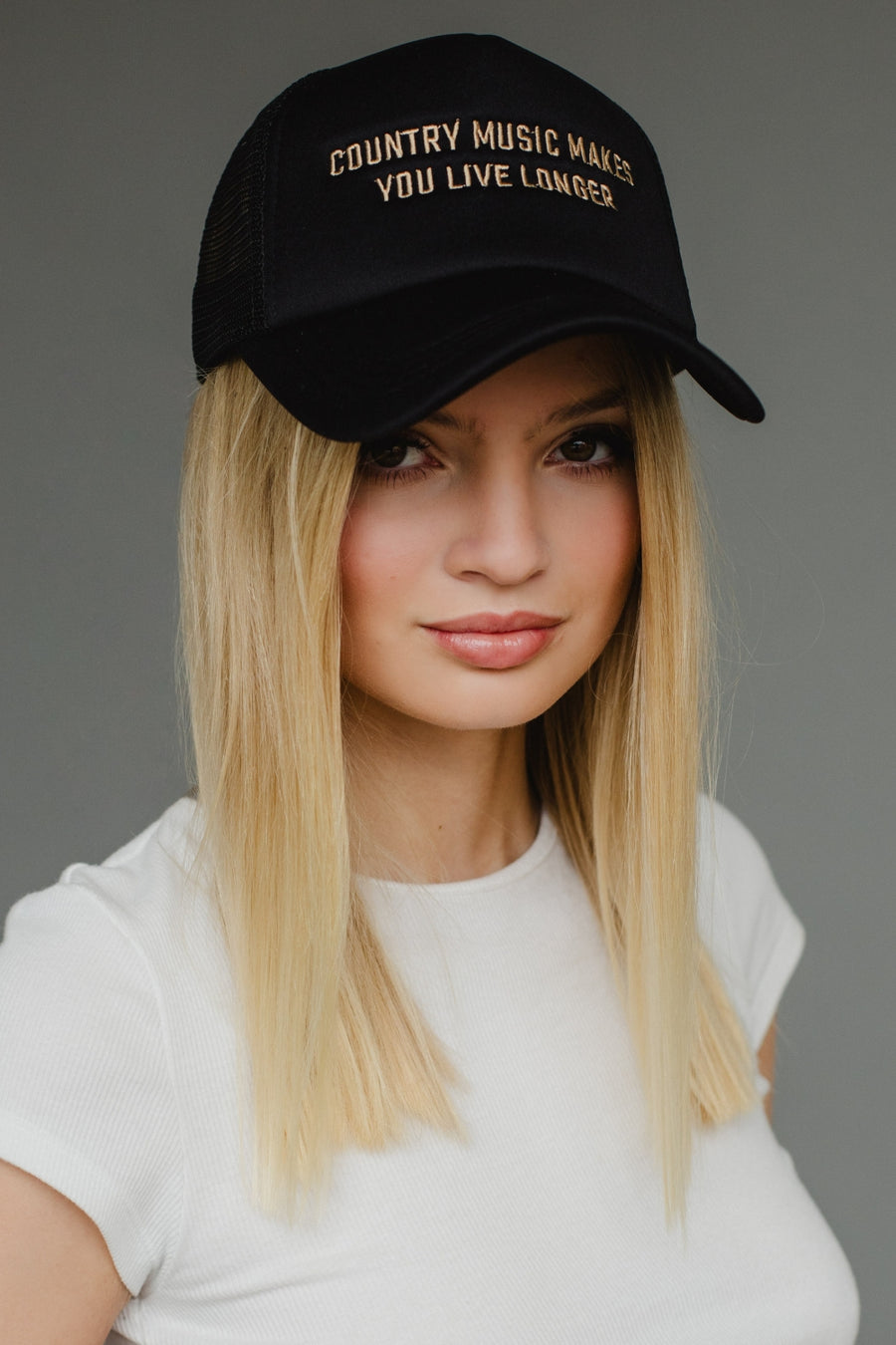 black country music trucker hat, country music makes you live longer, black trucker hat, women's trucker hat