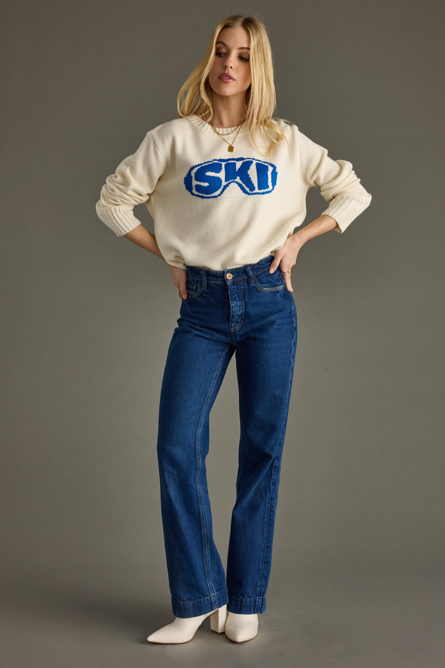 cream and blue ski goggles sweater, cream sweater, ski goggles sweater, ski sweater, women's sweater, ski trip