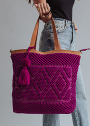 magenta tote bag, women's tote bag, travel bag, diamond pattern, tote bag, pom tassel, jewel tone