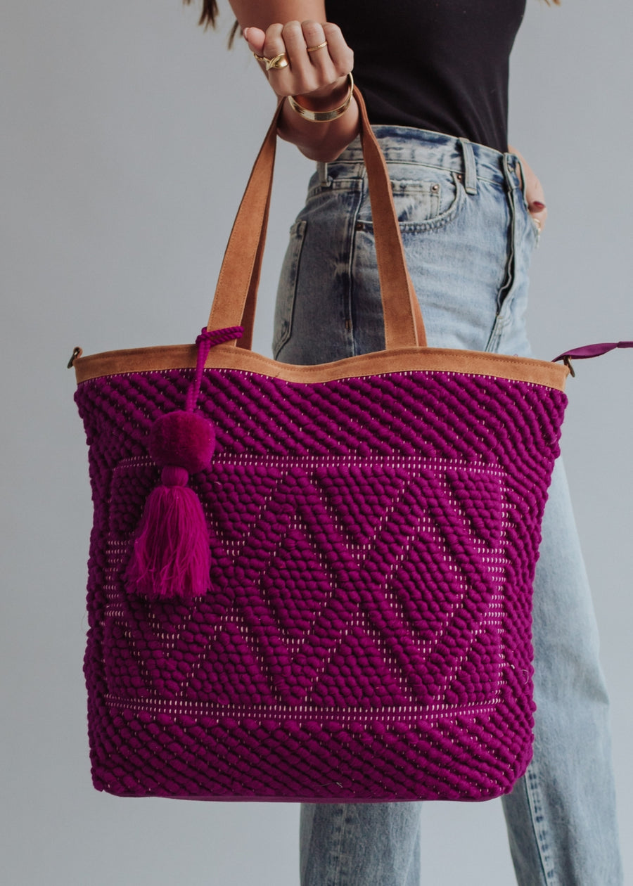 magenta tote bag, women's tote bag, travel bag, diamond pattern, tote bag, pom tassel, jewel tone