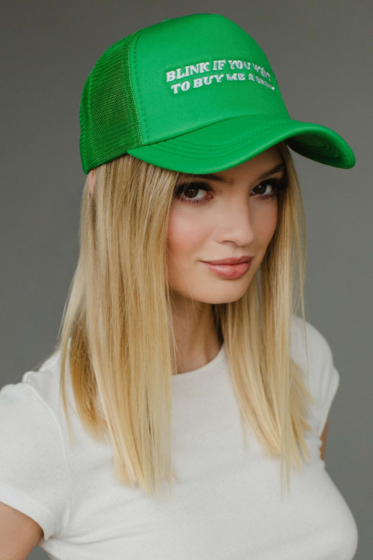 blink if you want to buy me a drink trucker hat, green trucker hat, colorful trucker hat, women's trucker hat