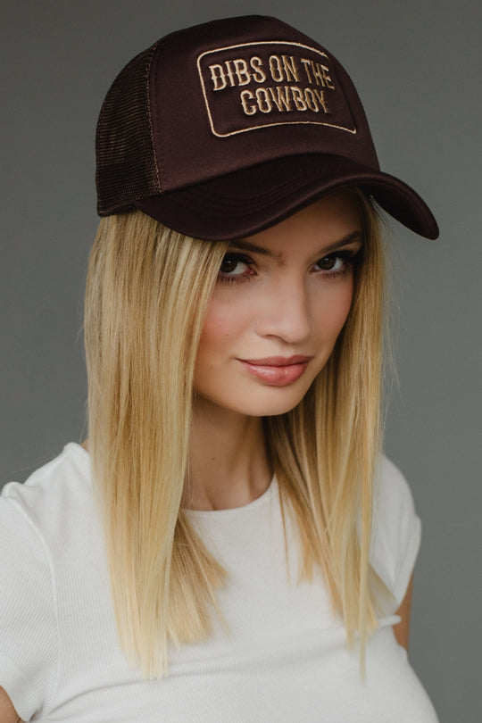 brown dibs on the cowboy trucker hat, brown trucker hat, dibs on the cowboy, neutral trucker hat, women's trucker hat