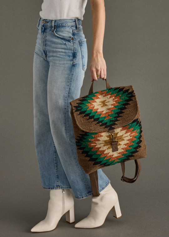 brown and multicolored western-inspired backpack, western backpack, aztec-inspired backpack, women's backpack, fall backpack