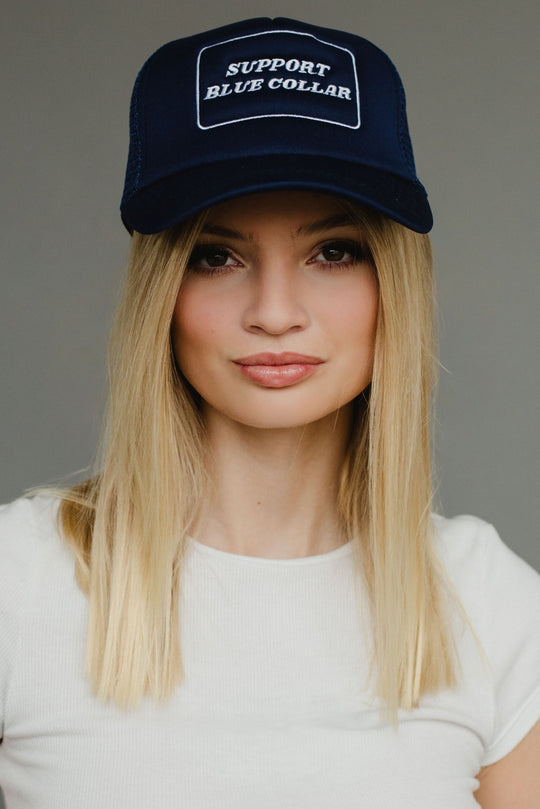 navy support blue collar trucker hat, navy trucker hat, support blue collar, women's trucker hat