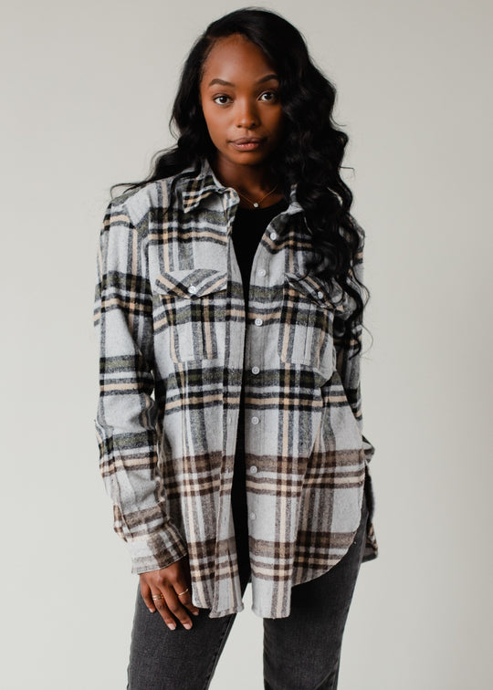 gray, tan, black and olive plaid flannel