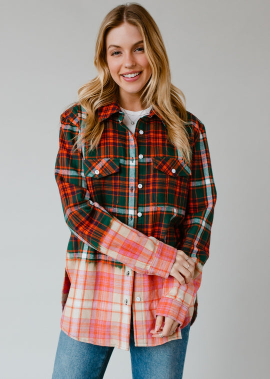 green, navy, orange and white plaid flannel