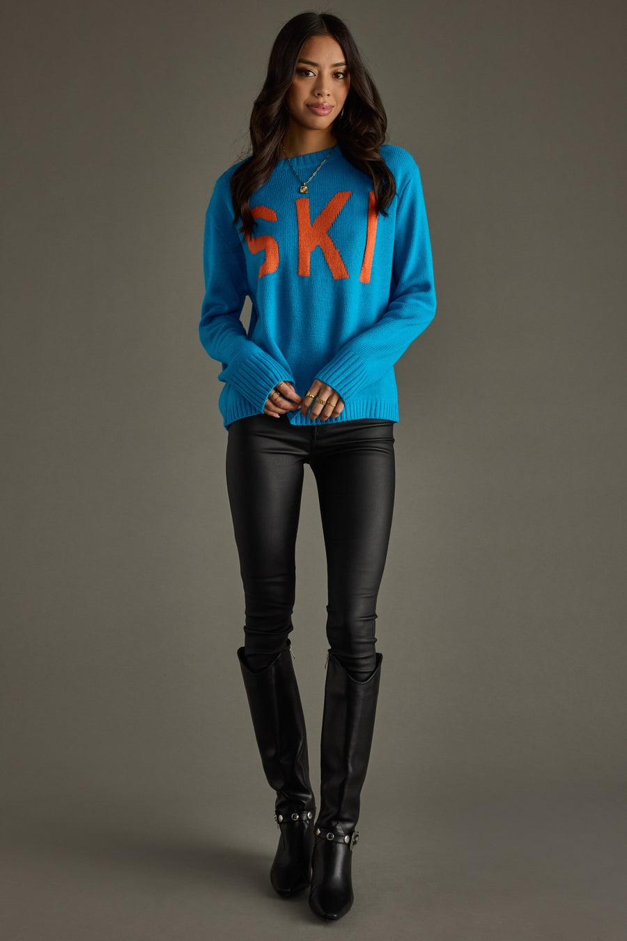 blue and orange ski sweater, bright blue sweater, ski sweater, colorful sweater, women's sweater