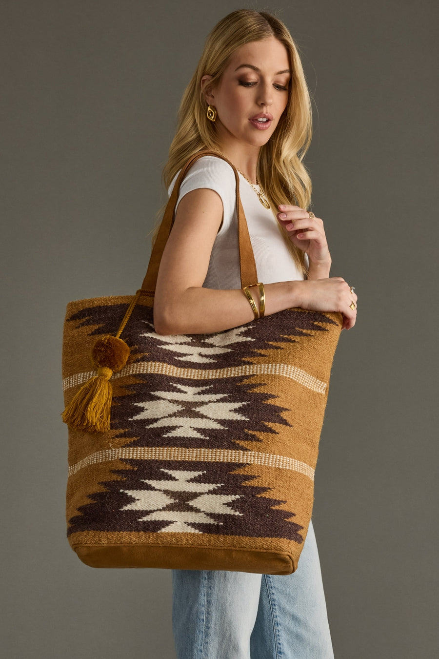 tan, brown and cream western tote, neutral tote bag, western inspired tote, aztec inspired tote, women's tote bag