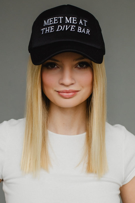 meet me at the dive bar trucker hat, black trucker hat, dive bar trucker hat, neutral trucker hat, women's trucker hat