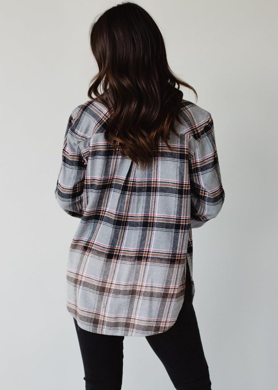 gray, red, camel and black plaid flannel