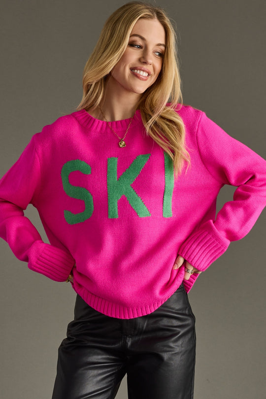bright pink and green ski sweater, bight pink sweater, ski sweater, colorful sweater, women's sweater