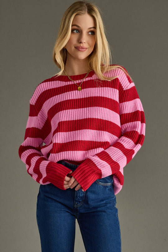 pink and red striped sweater, striped sweater, Christmas sweater, winter sweater, women's sweater