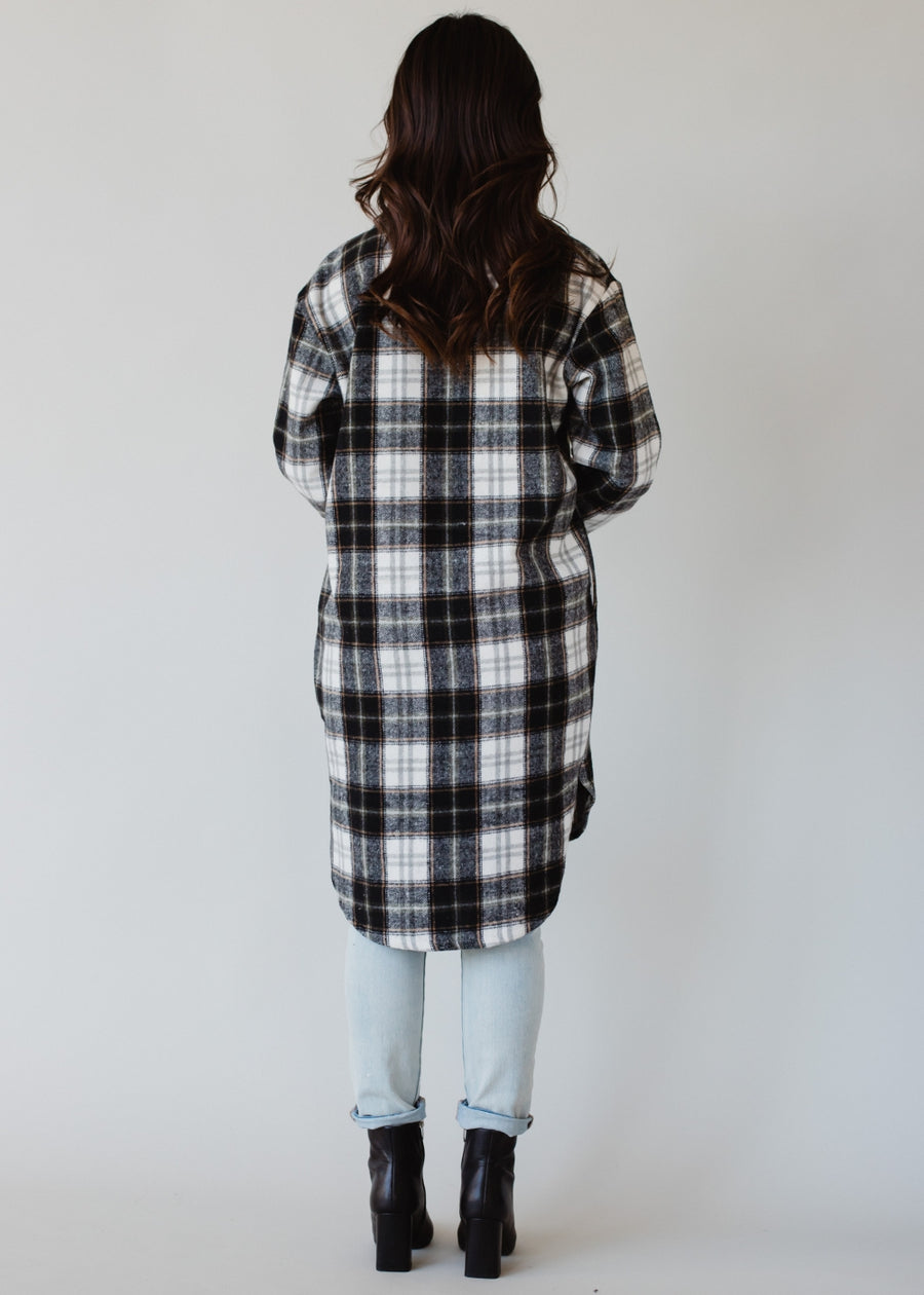 black, white, olive and tan plaid long flannel