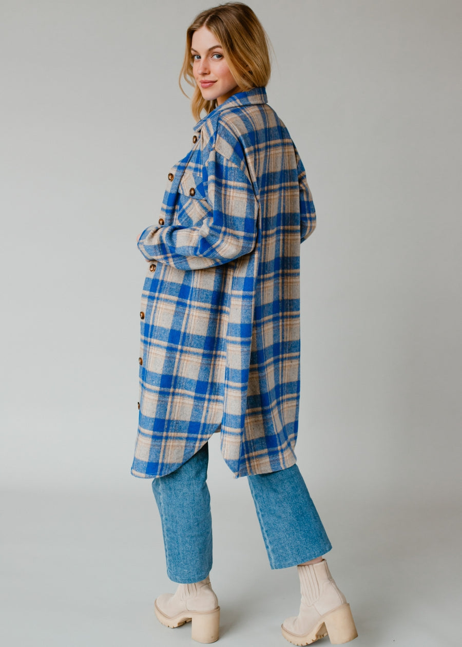 royal blue and tan plaid long flannel