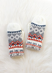 Pair of knitted mittens with a pattern on a white background