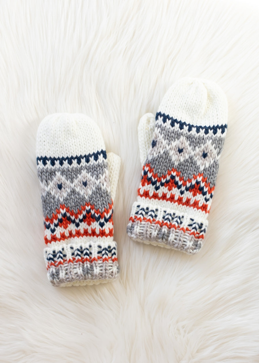 Pair of knitted mittens with a pattern on a white background