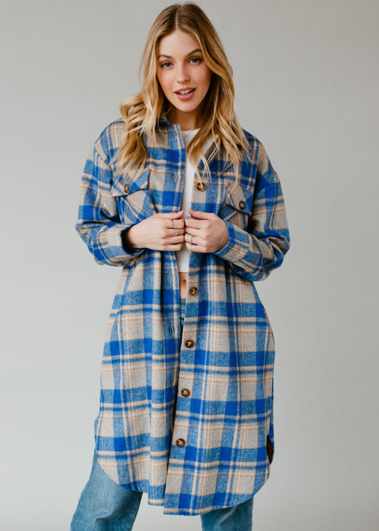 royal blue and tan plaid long flannel