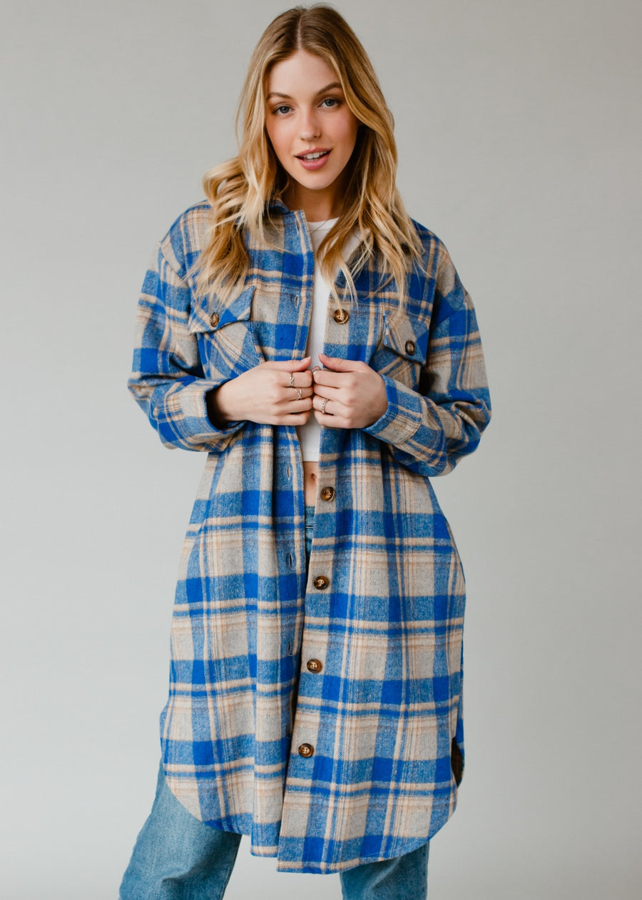 royal blue and tan plaid long flannel