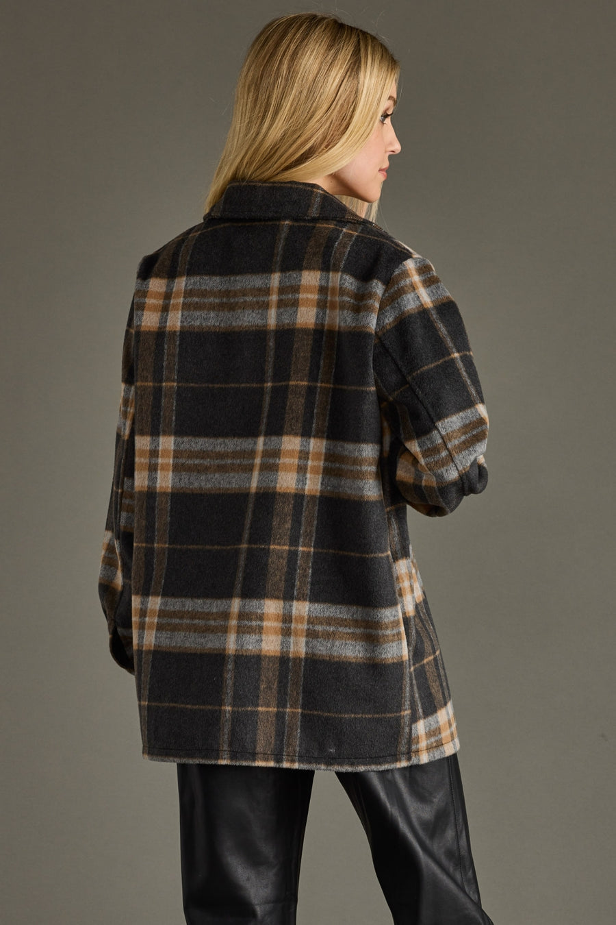black, tan and gray plaid jacket, women's jacket, neutral jacket, fall jacket, neutral shacket