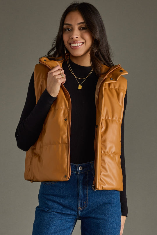 camel leather vest, leather vest, camel vest, fall vest, winter vest, puffer vest, neutral vest, women's vest