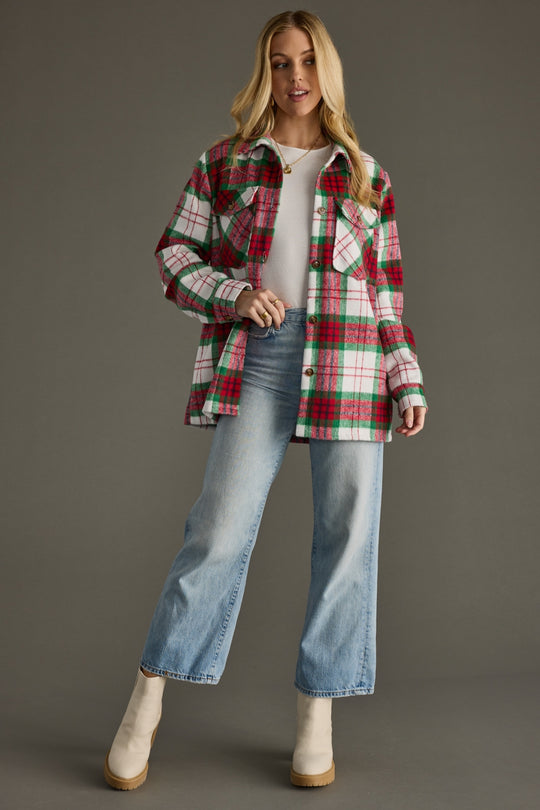 red, green and white plaid jacket, Christmas jacket, Christmas plaid