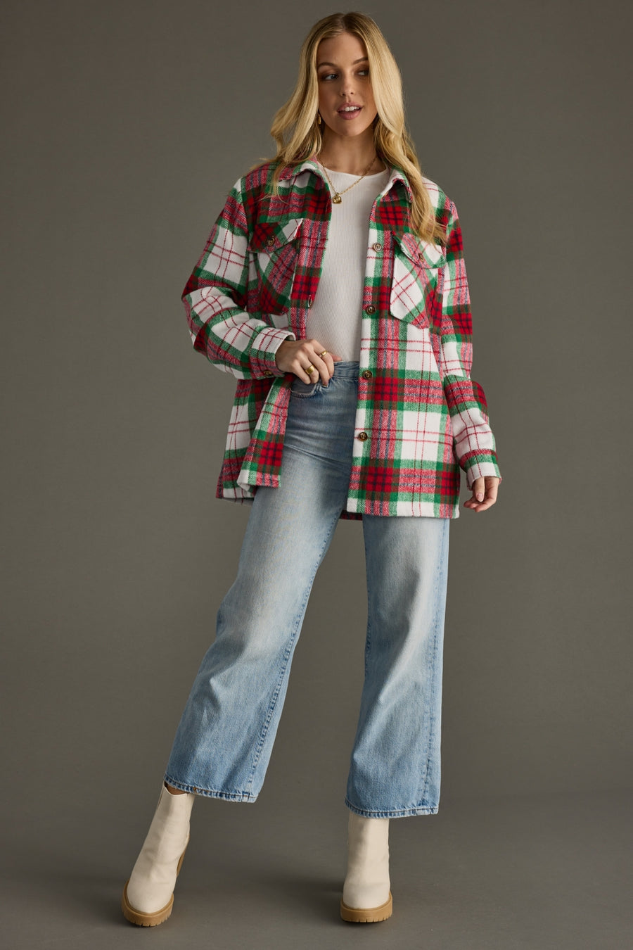 red, green and white plaid jacket, Christmas jacket, Christmas plaid