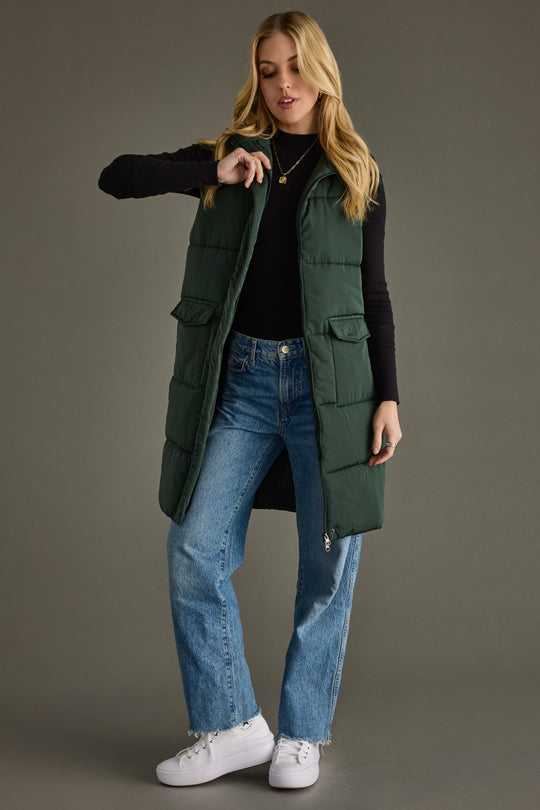 dark green long puffer vest, long vest, fall vest, layering piece
