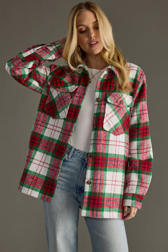 red, green and white plaid jacket, Christmas jacket, Christmas plaid