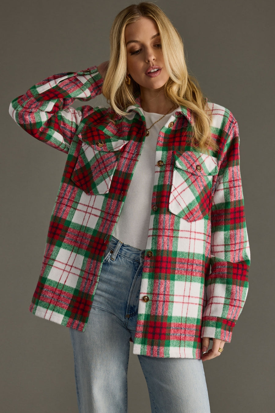 red, green and white plaid jacket, Christmas jacket, Christmas plaid