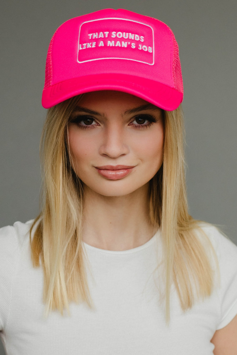 that sounds like a man's job trucker hat, bright pink trucker hat, funny trucker hat, women's trucker hat