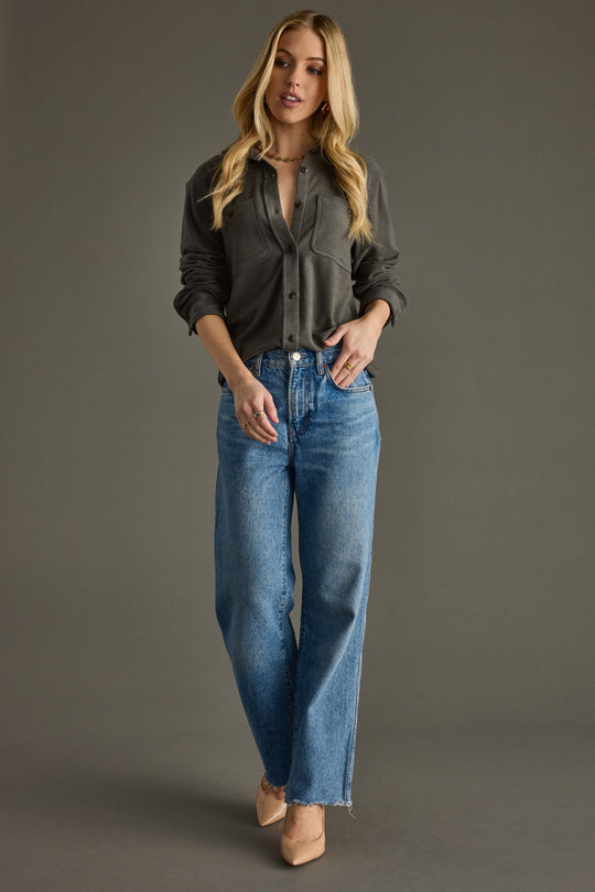 Woman wearing Panache Apparel’s dark gray Mindi super soft button up layered for an effortless everyday look.