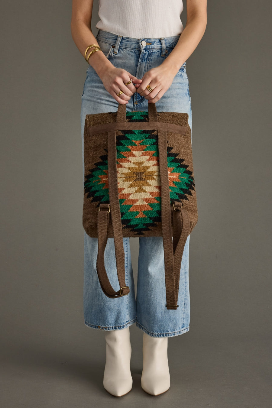 brown and multicolored western-inspired backpack, western backpack, aztec-inspired backpack, women's backpack, fall backpack