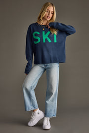 navy and green ski sweater, ski sweater, navy sweater, colorful sweater, women's sweater