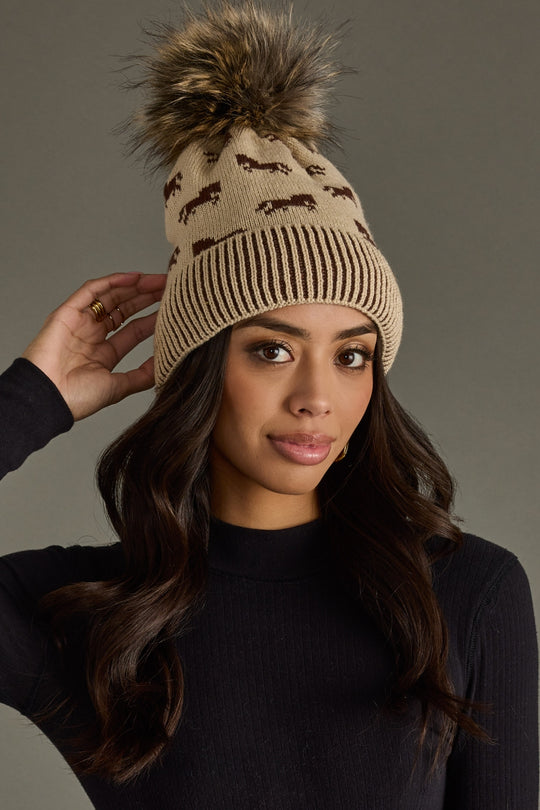 tan and black horse pattern pom hat, winter hat, neutral pom hat, horse pattern, women's pom hat