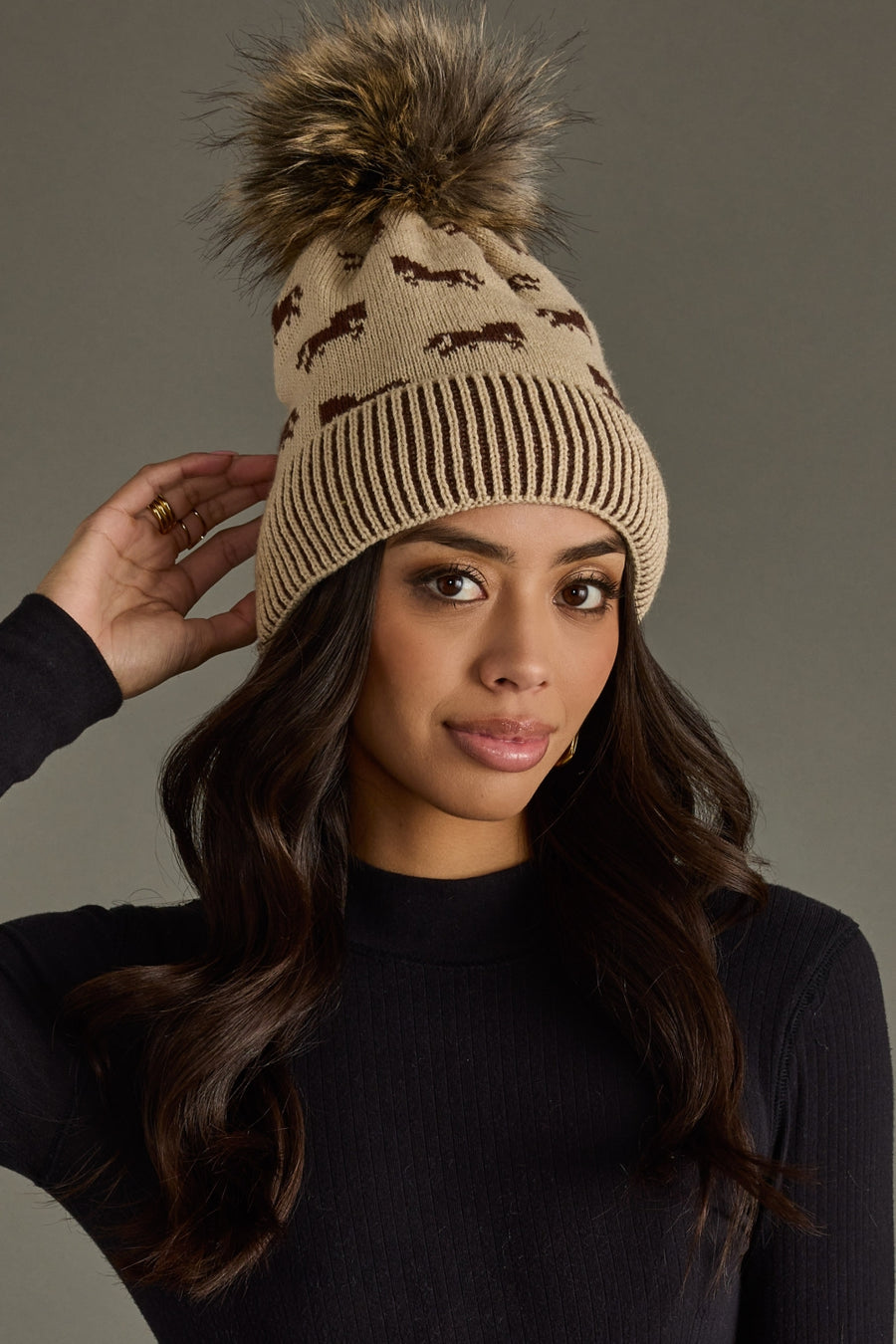 tan and black horse pattern pom hat, winter hat, neutral pom hat, horse pattern, women's pom hat