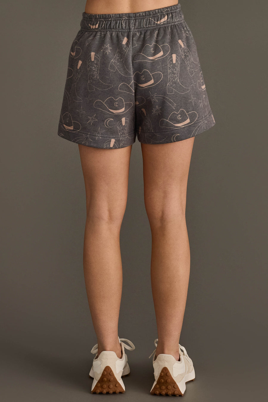 Back view of woman wearing Panache Apparel’s gray western print lounge shorts.