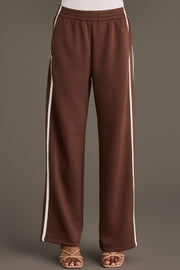 Panache Apparel Collection Brown Lounge Sweatpants in a wide-leg style featuring a white stripe down each side and an elastic waistband.