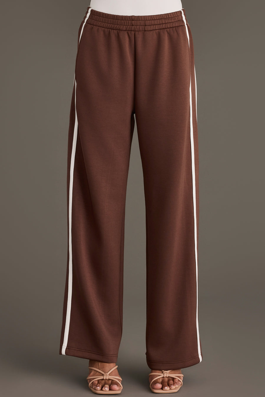 Panache Apparel Collection Brown Lounge Sweatpants in a wide-leg style featuring a white stripe down each side and an elastic waistband.