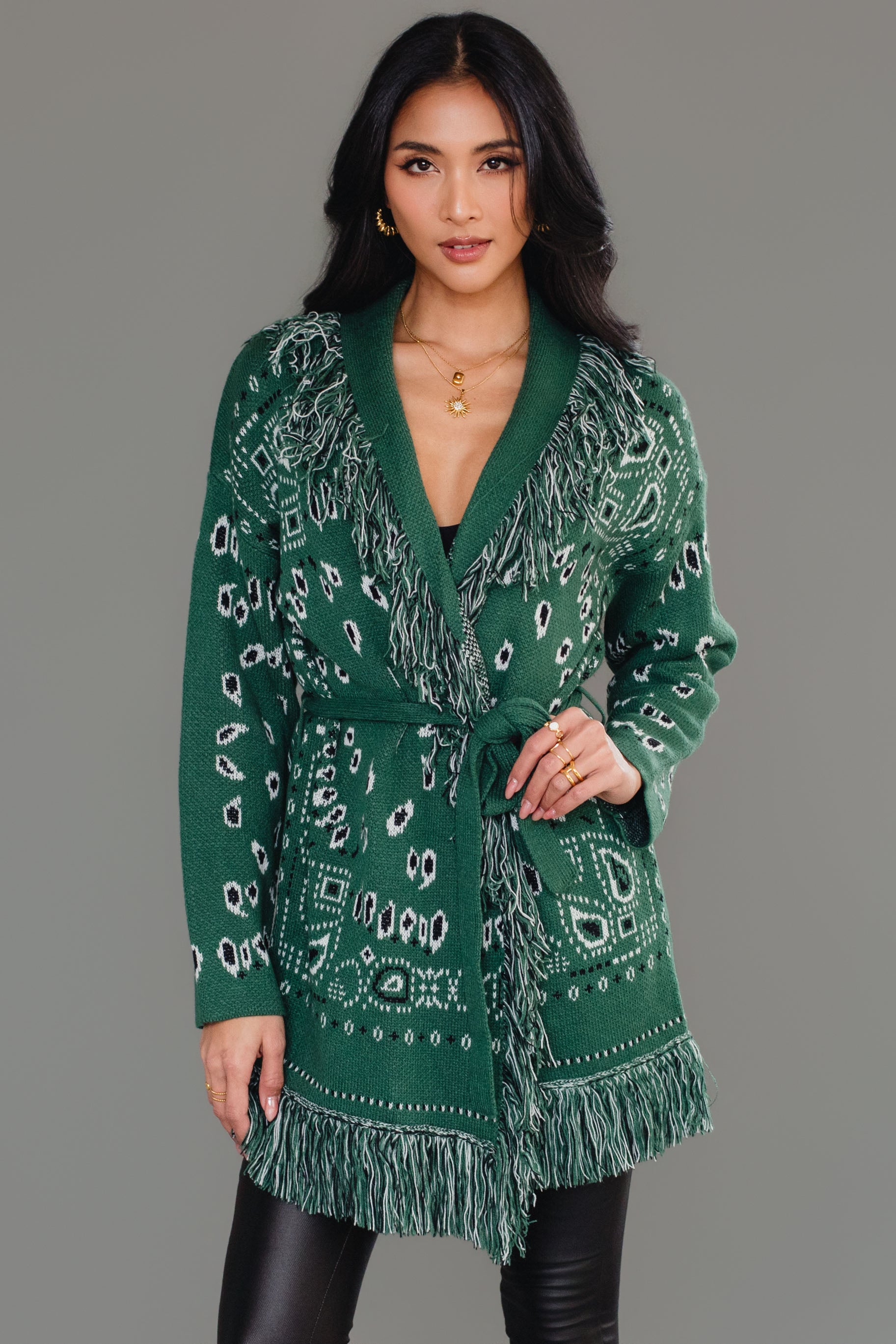Green Bandana Fringe Cardigan – Panache Apparel Collection