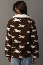 Back view of Panache Apparel’s brown and white fleece horse jacket with horse print detail.