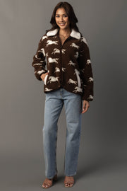 Full-length studio image of Panache Apparel’s brown and white fleece horse jacket.