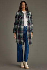 Full-length front view of woman wearing Panache Apparel’s Manchester Plaid Long Flannel with button-front closure and chest pockets.