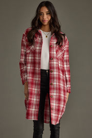 Front view of Panache Apparel’s Winston Plaid Long Flannel showing red and ivory plaid pattern, button closure, and chest pockets.