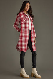 Side view of Panache Apparel’s Winston Plaid Long Flannel featuring a curved hem and long plaid silhouette.