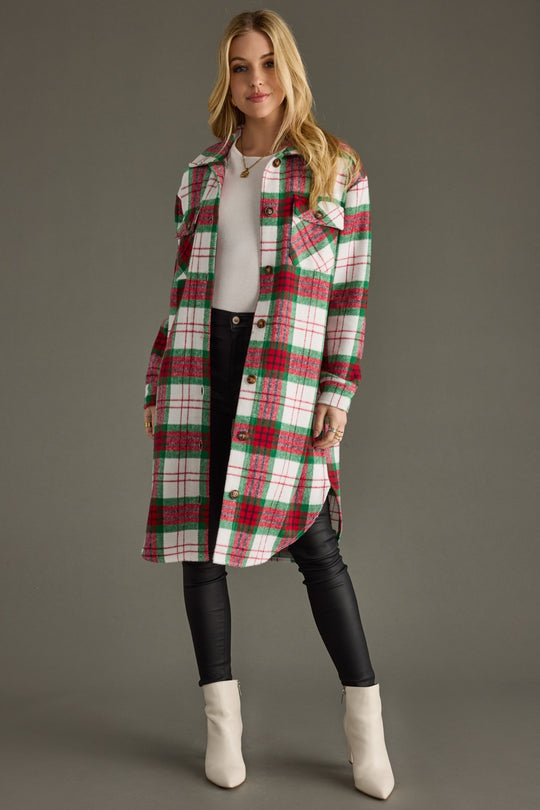 Full-length front view of woman wearing Panache Apparel’s Piper Plaid Long Flannel in red, green, and ivory plaid with button-front closure.