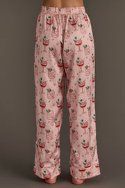 Light Pink Christmas Cocktails Satin Pajama Set pants in light pink satin, patterned with illustrated Christmas cocktails and small stars.