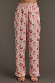 Light Pink Christmas Cocktails Satin Pajama Set pants in light pink satin featuring a pattern of Christmas cocktail glasses with garnishes.